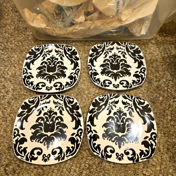 Roscher Damask 4 Salad Plates Black and White Floral Scroll Squarish 8ish" - Picture 1 of 2